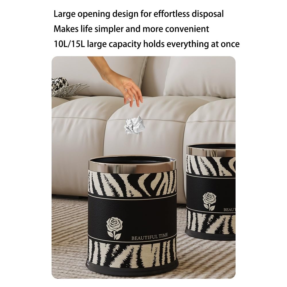 Papelera de doble capa, papelera de oficina con tapa abierta, papelera metálica con tapa de cuero, bolsa de basura oculta.(10L)