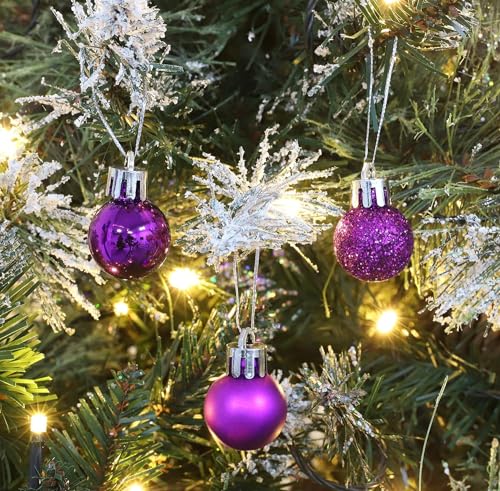 Set of 24 x 30mm Purple Christmas Tree Baubles Shatterproof Christmas Tree Hanging Decoration - Matt, Gloss and Glitter Finish - Purple - Image 4