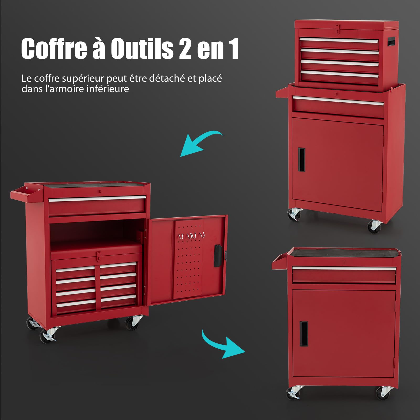 GOPLUS Servante d’Atelier avec Coffre Amovible, 28 x 59 x 102CM, Caisse à Outils Roulant avec 5 Tiroir Verrouillable & Armoire à Étagère Réglable, Poignée Latérale, pour Garage, Atelier(Rouge)