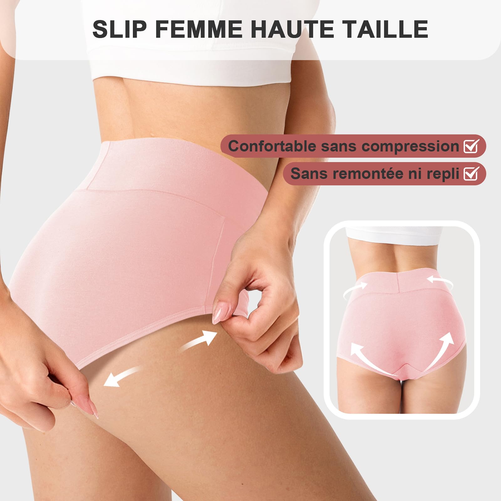 QINCAO Culotte Femme Coton Taille Haute 6 Pack, Élastique Respirant et Doux | Culotte Femme en Coton, Modèle Élastique Confort à Taille Haute, Double Protection Entrejambe, Design Sans Étiquette
