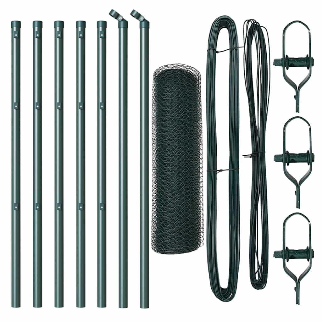 Fence Post Green 10 x 0.5 m 25 mm Mesh Steel PVC Outdoor Garden Security Barrier Corrosion Resistant Fencing Set with 7 Posts