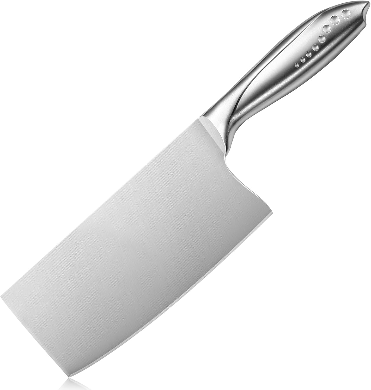 WELLSTAR Stainless Steel Meat Cleaver, 7 in Chinese Meat Vegetable Butcher Knife, Super Sharp German High Carbon Stainless Steel Chef’s Kitchen Knife with Ergonomic Handle for Home Restaurant