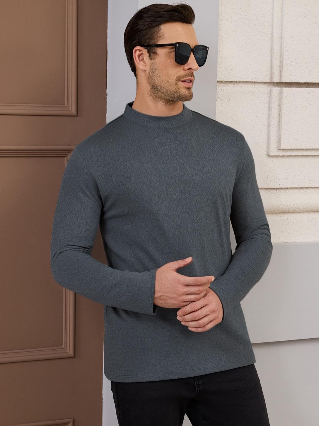 Men's Casual Cotton Mock Turtleneck Long Sleeve T-Shirts Solid Pullover Basic Lightweight Tee Tops - Image 3
