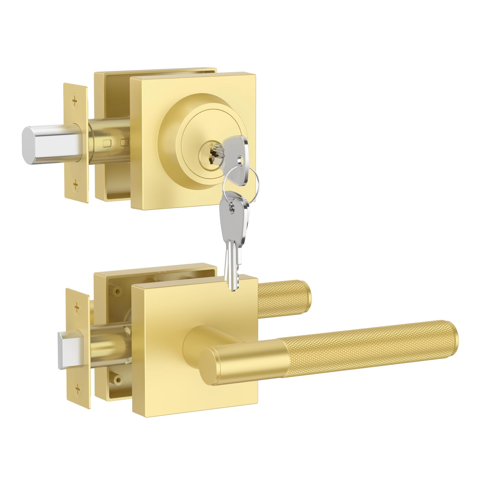 Asidrama Premium Gold Zinc-Alloy Front Door Lock Set: Double Cylinder Deadbolt, Heavy Duty Security Handleset for Left/Right Exterior Doors, Universal Entry Locks (2 Pack) Z003-124