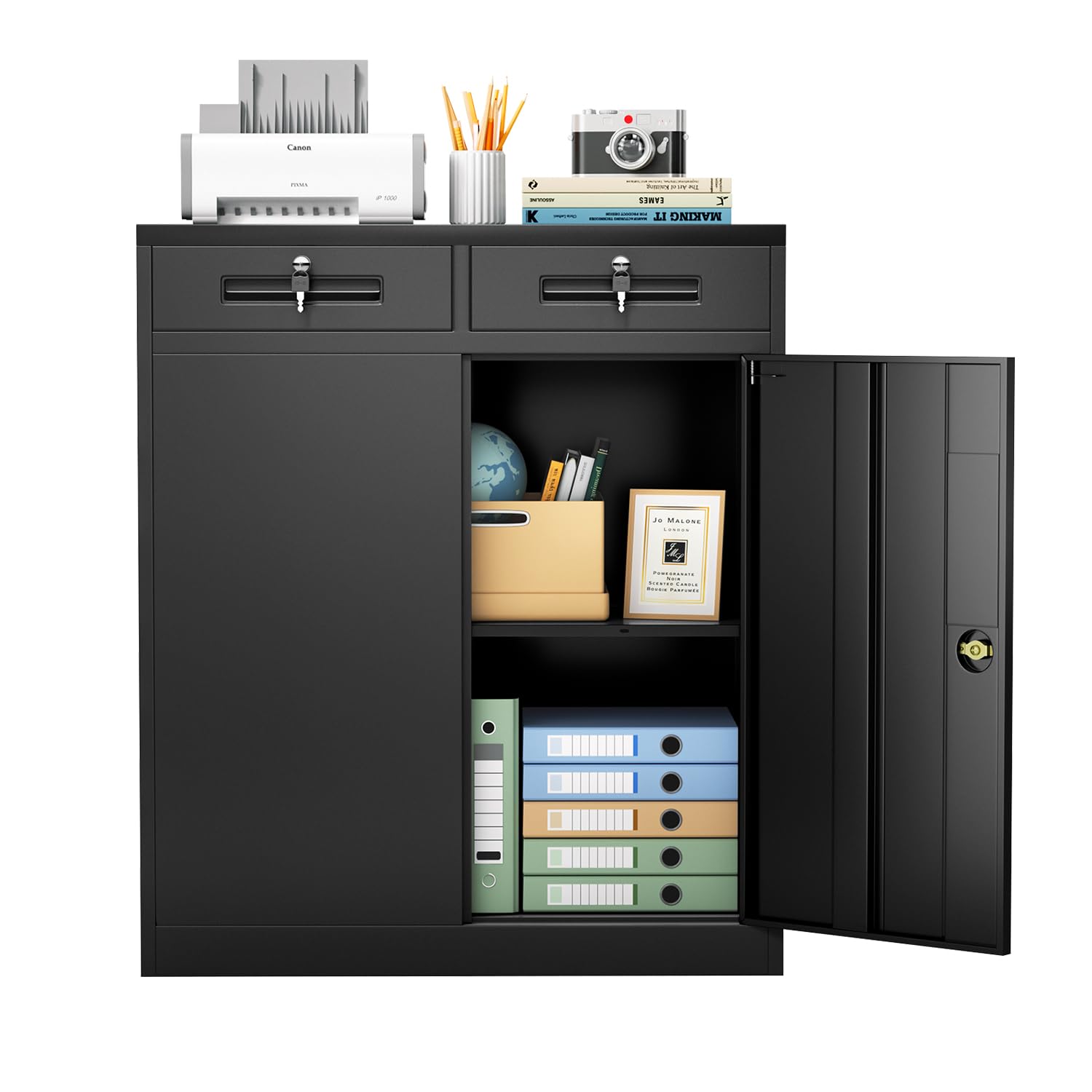 Superday42" Locking Garage Storage Cabinet with 2 Drawers, Lockable Metal Storage Cabinet with Locking Doors and Adjustable Shelves, Black Tool Cabinet for Home Office, School, Etc