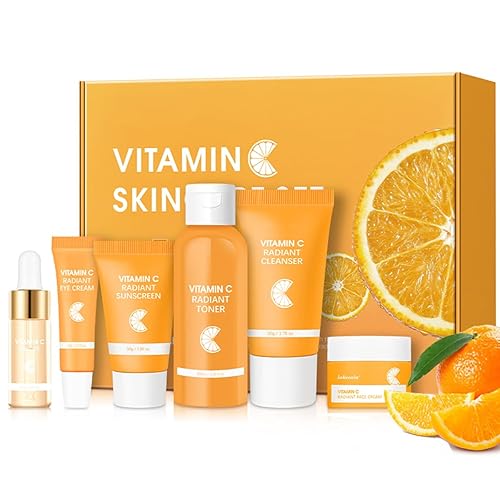 Juego de 6 piezas de cuidado de la piel hidratante con vitamina C, kit de cuidado facial que incluye suero, crema facial, crema para ojos, tónico,