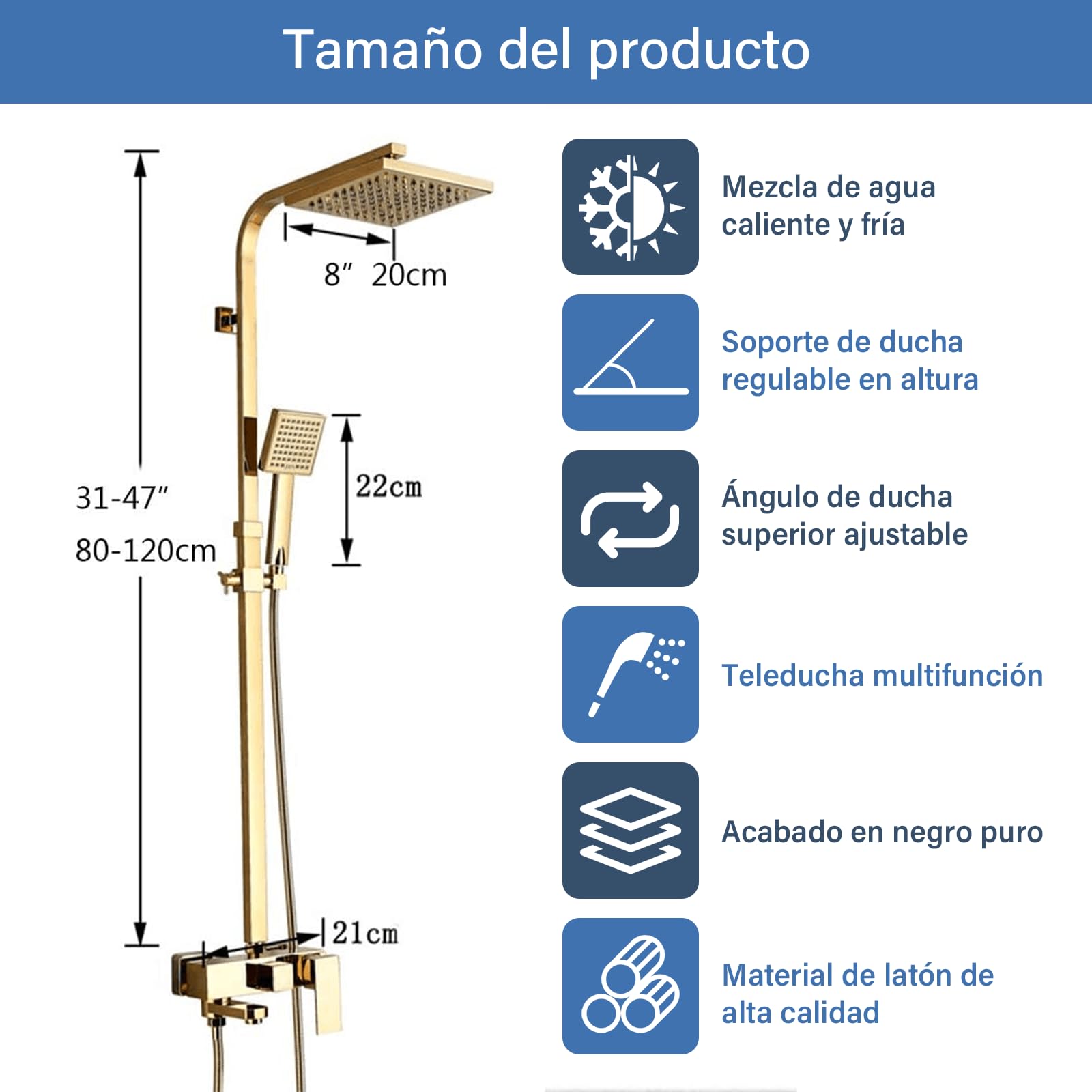 Ensemble de douche avec système de rangement à 3 fonctions - douche à effet pluie, douchette et mélangeur - doré
