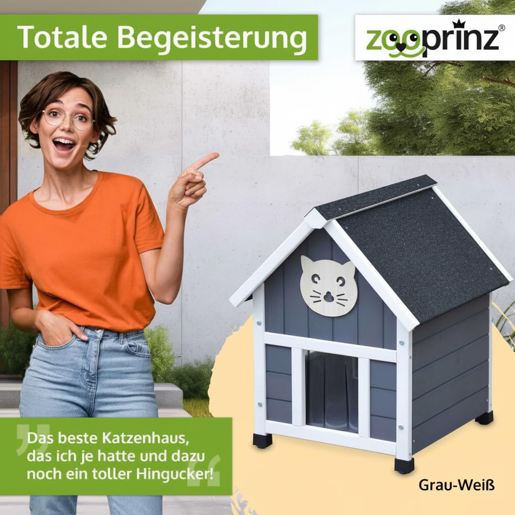 zooprinz Holz Katzenhaus – Katzenhütte im Skandi-Look, Grau-Weiß