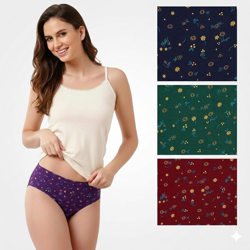 komli panty Komli Women's Briefs Printed I Hipster Style I Full Coverage 100% Super Soft Cotton | Mid Waist | Inner Elastic Waistband | Women's Panties, Floral Print (Pack of 3) (Colours & Print May Vary)-picture-50