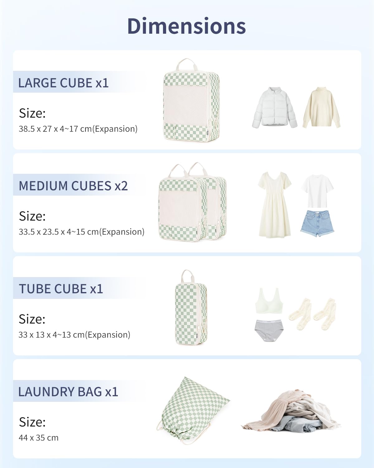 Narwey Organizer Valigia 5 Pezzi Packing Cubes Compression, Organizer Valigia Viaggio Compressione Salvaspazio, Organizer Viaggio Accessori Utili per Vestiti Scarpe Deposito (Scacchiera Verde Menta)