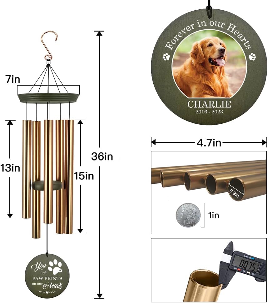 ASTARIN Memorial Wind Chimes for Cats & Dogs & Pets, Customized Photo & Name Wind Bells, Personalized Xmas Memorial Gifts Outdoor, Metal Wind Chime in Garden, Patio, Porch, 36'' (pet-3)