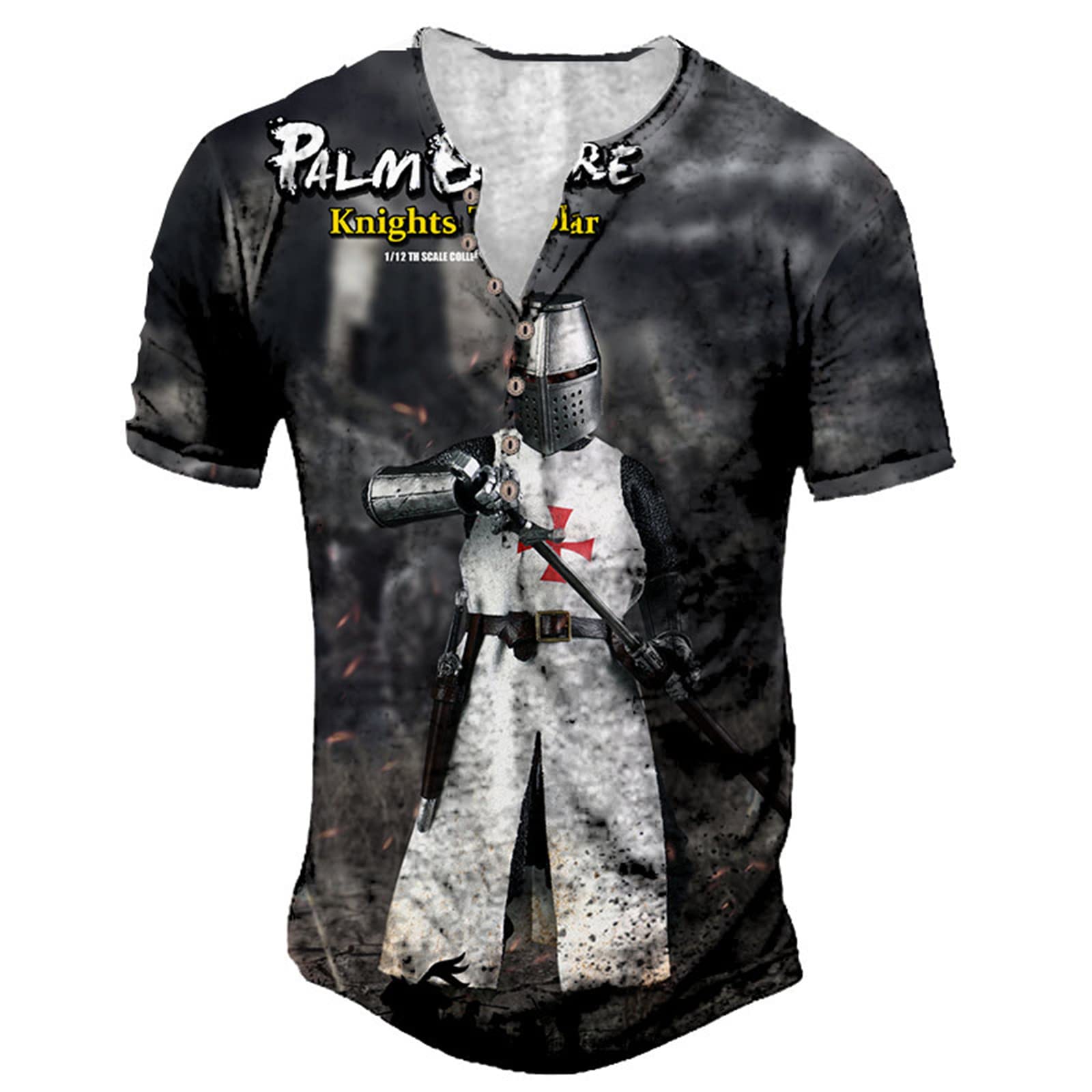 WAVOTIQ Men's Vintage Distressed Henley Short Sleeve T-Shirt Retro 3D Knight Templar Print T-Shirts Motorcycle Racing Henley Shirts, L