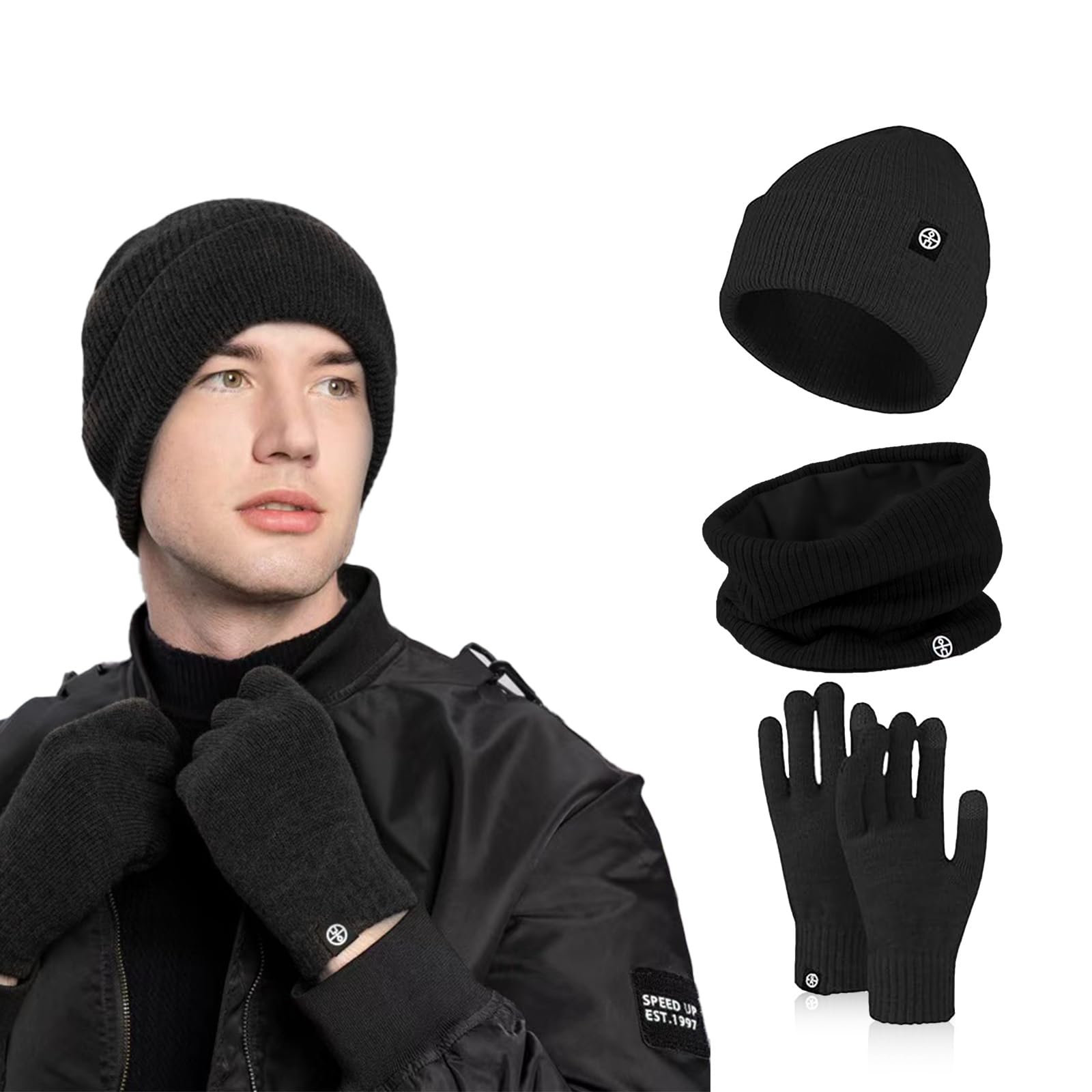 Nenkarn Mütze, Schal & Handschuh-Sets für Herren, 3-in-1-Winter-Thermische-Hut-Handschuhe-Halswärmer-Set Dicke-Fleece-Touchscreen-Handschuh-Gestrickte-Mütze-Kaltes-Wetter-Accessoires-Set