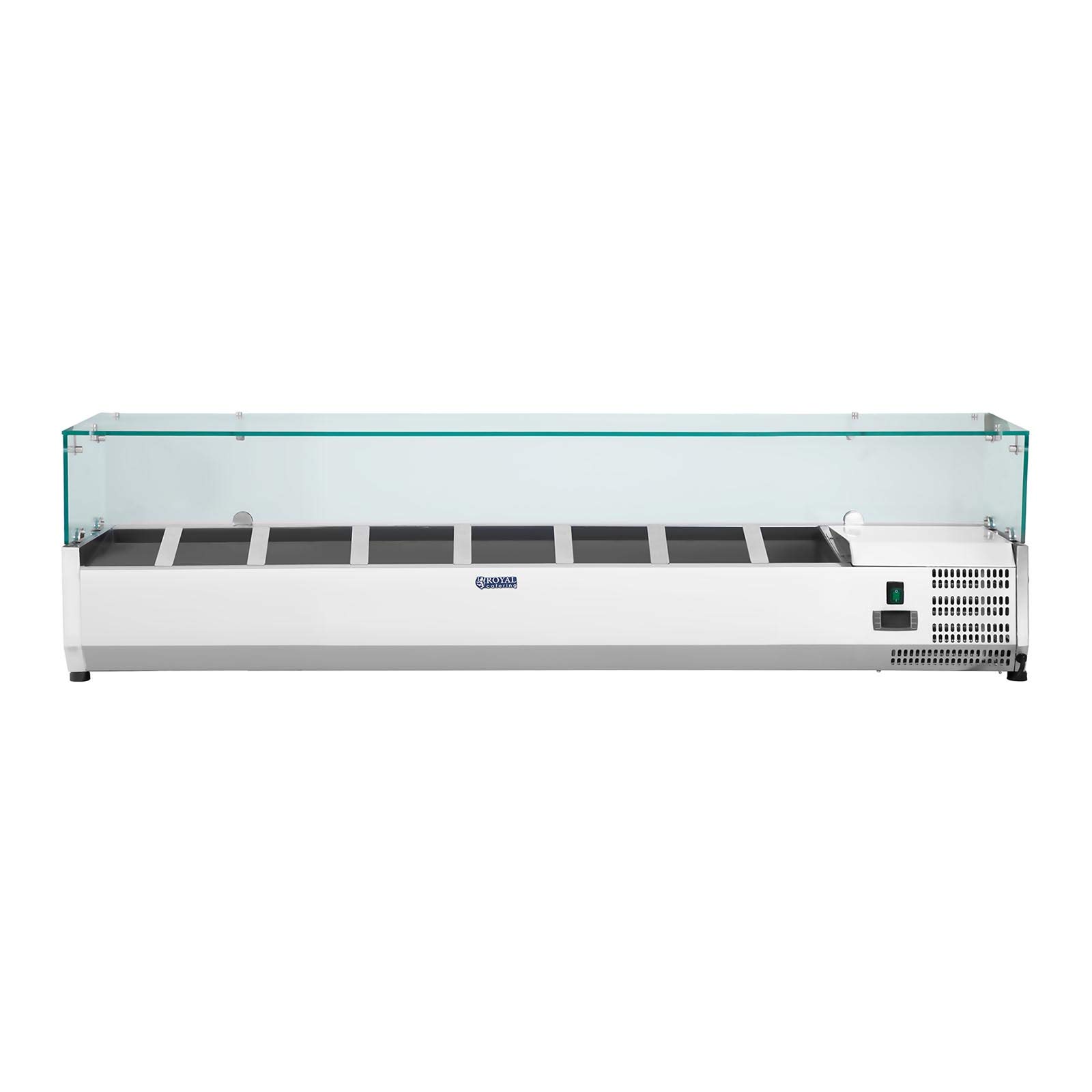 Royal Catering Vetrina Refrigerata RCKV-160/33-8 (160 x 33 cm, 45 L, 8 x contenitori GN 1/4, 2-10 °C, 120 W, R600a, Termostato, Copertura in vetro, Funzione automatica di sbrinamento)