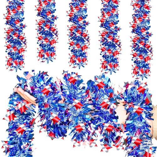 Image of 50FT 4th of July Patriotic Tinsel Garland, Glitter Tinsel Garlands with Mixed Color Star, Metallic Holiday Hanging Streamers for Memorial Day Independence Day Indoor Outdoor Party Decor