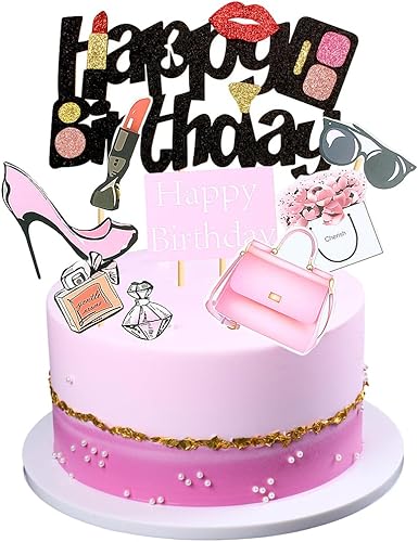 17 piezas de maquillaje para cupcakes temáticos de cosméticos Happy Birthday Cake Toppers Lápiz labial botella de perfume Tacones altos Púas de