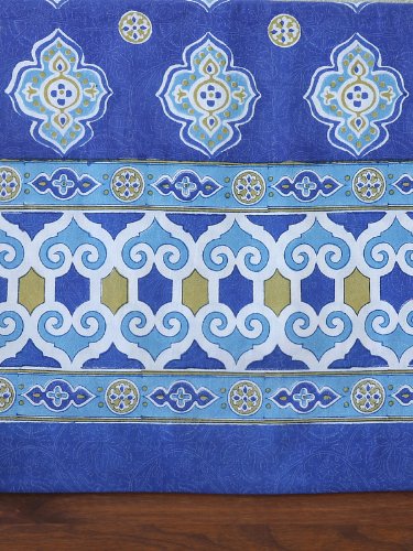 Saffron Marigold Casablanca Blues Moroccan Long Curtains | Stylized White Jacobean Quatrefoil Drapes | Hand Printed Sky Blue Clouds Sheer Cotton Voile Window Treatment 46 X 63 #TOP2