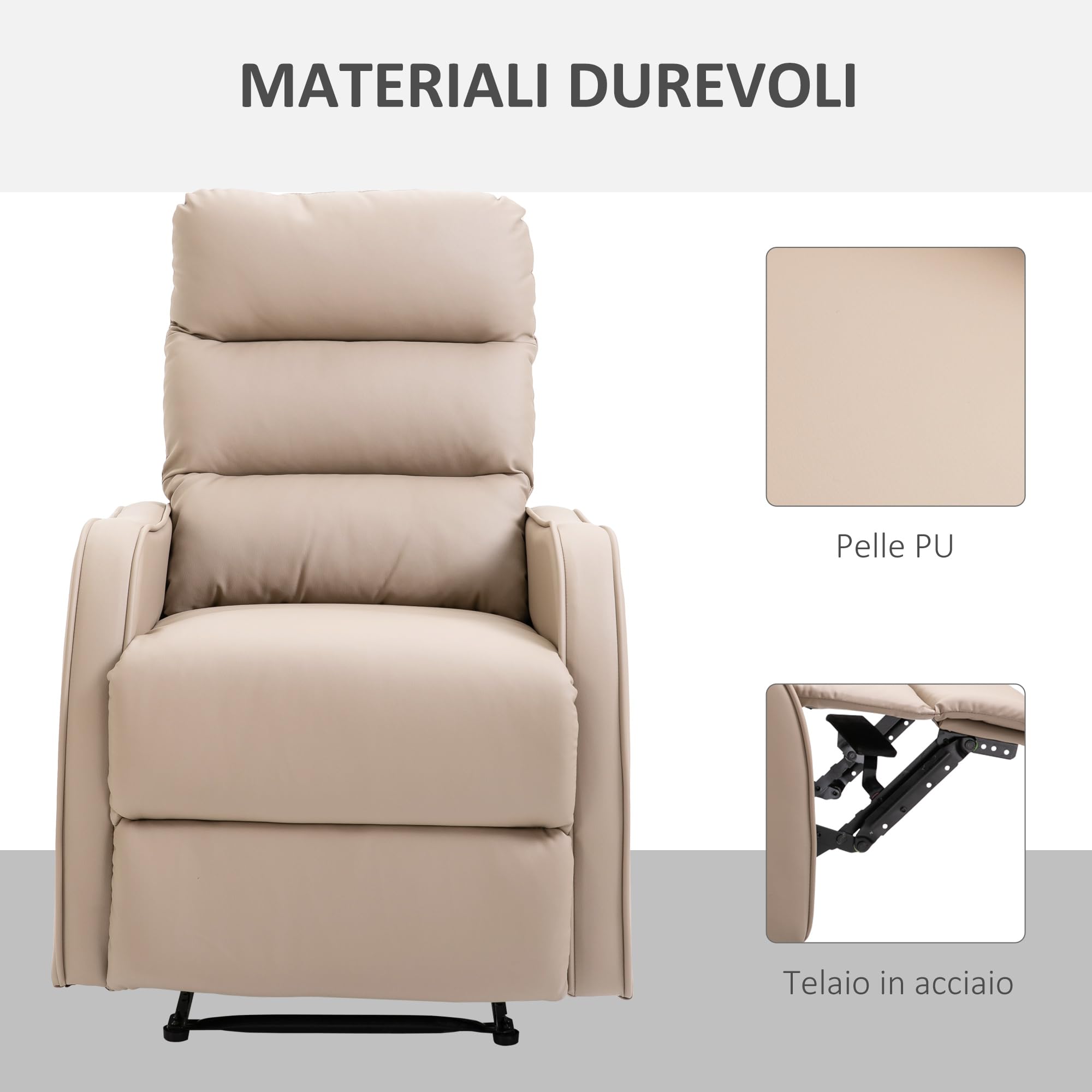 HOMCOM Poltrona Relax Reclinabile Manuale 160° con Poggiapiedi, Seduta Ampia, Poltroncina Reclinabile Imbottita Girevole in Finta Pelle per Camera da Letto, Salotto e Soggiorno, Marrone Chiaro