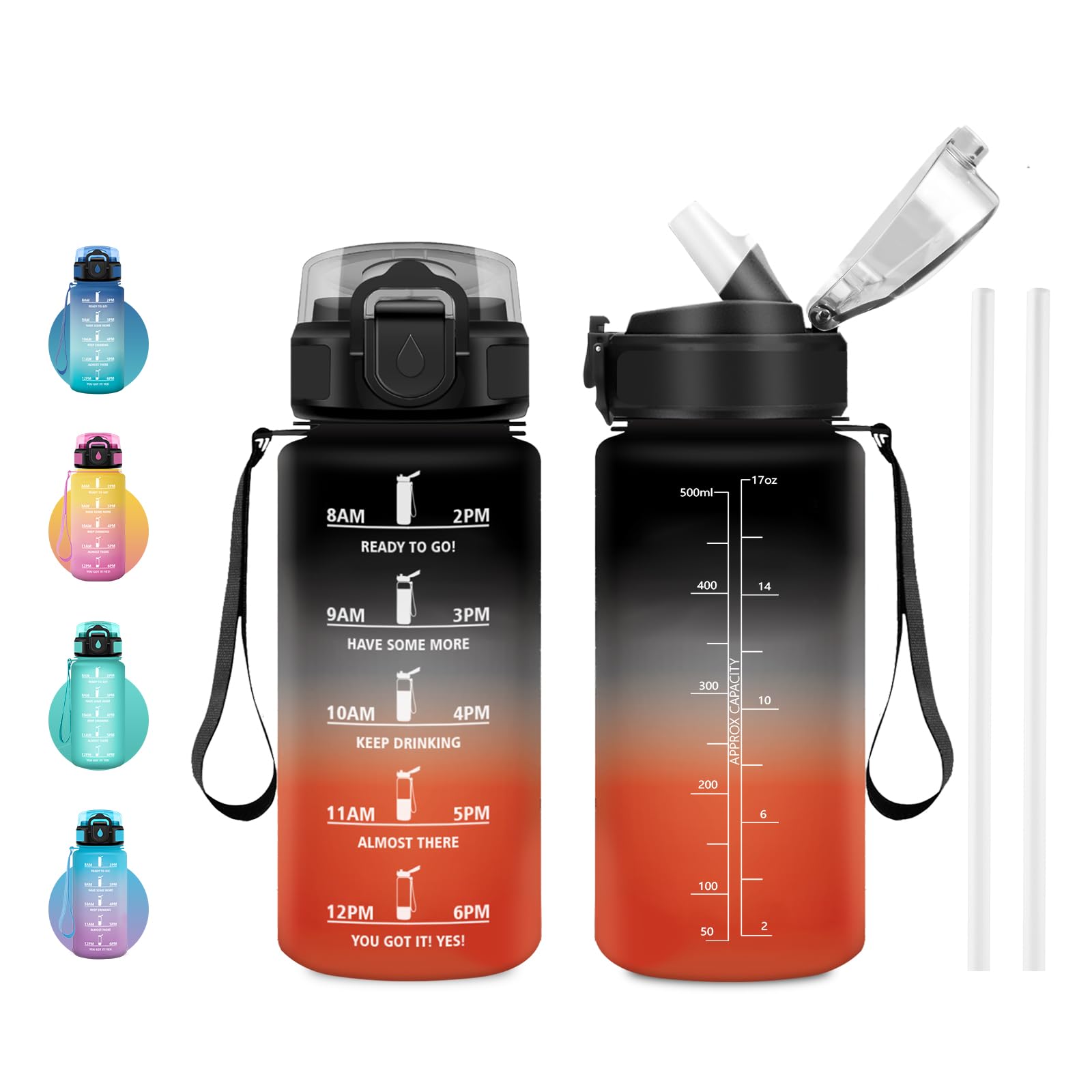 JAPORIA 500ml Water Bottle BPA Free Motivational with Time Marker, Reusable Water Bottle with Straw, Leak Proof for Office, Camping