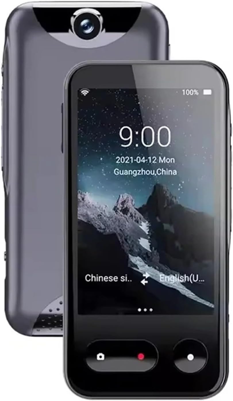 Front and back view of the T7 Language Translator Device, showing its sleek design and camera.