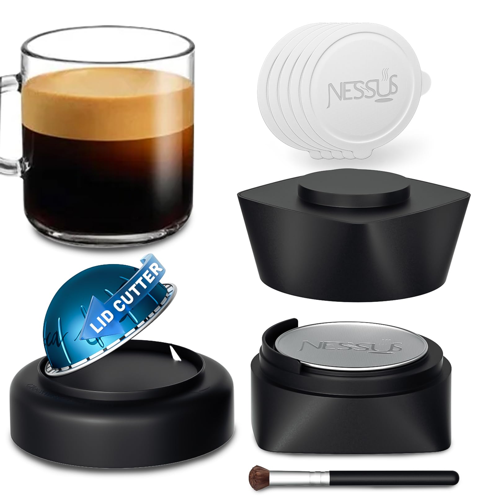NESSUS Kit de recambio para cápsulas reutilizables Nespresso Vertuo, tapa de apertura rápida para sello original, 50 tapas de papel de aluminio, soporte de cápsulas Vertuo recargables y cepillo