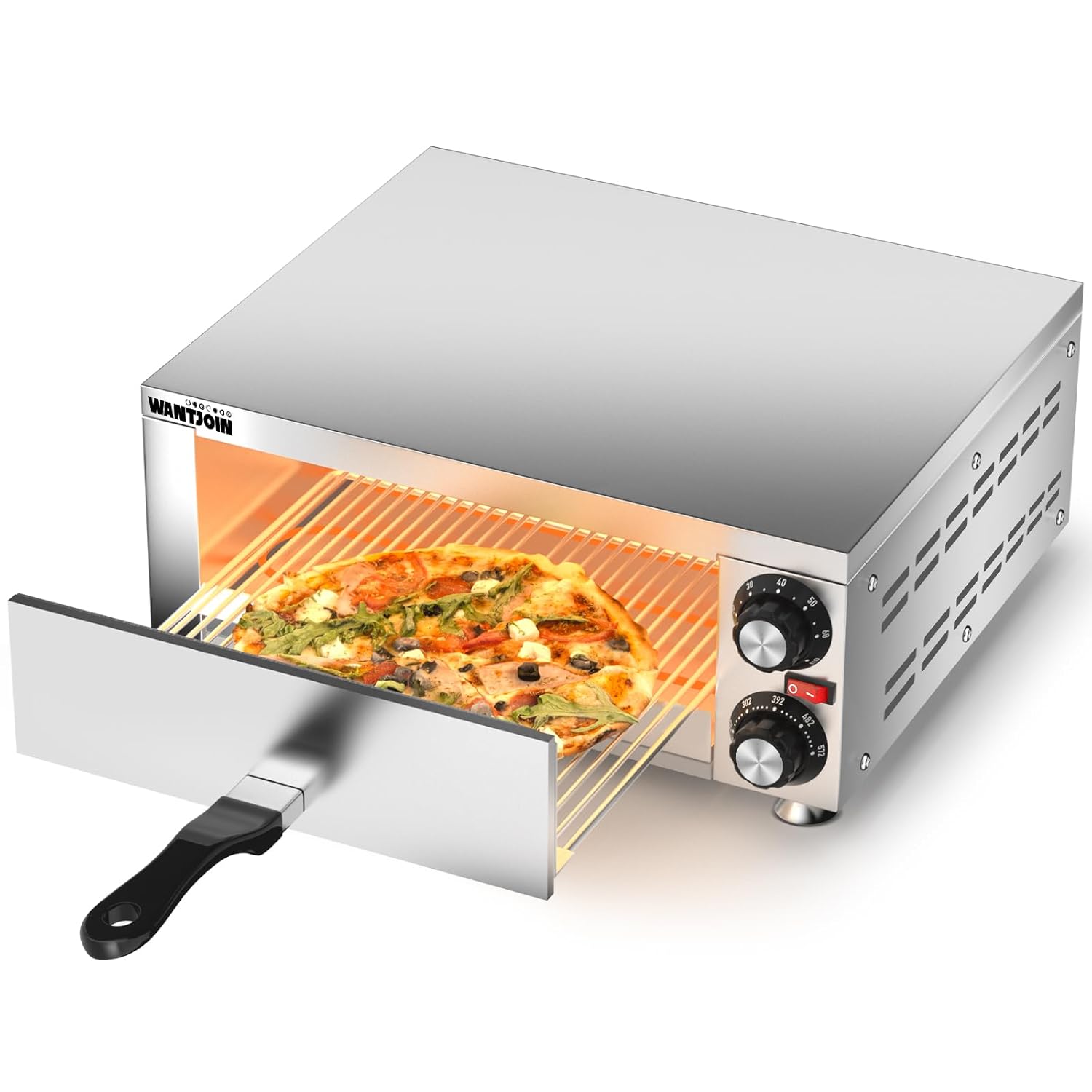 Wantjoin Electric Pizza Oven Indoor - Pizza Ovens Countertop Stainless Steel Commercial Pizza Maker Fits 12" Pizzas, With Timer Crumb Tray, For Home, Bars, Food Trucks, 1100W