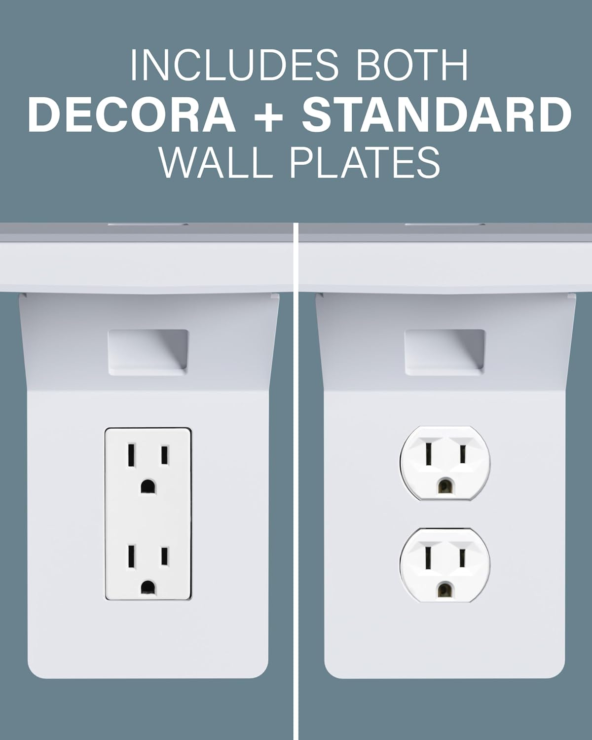 Sanus Made for Google Small Device Outlet Shelf in White & Fog Grey - Holds Small Electronics Up to 8lbs w/Built-in Cord Storage - Includes Both Standard & Decora Outlet Faceplates - Easy DIY Install