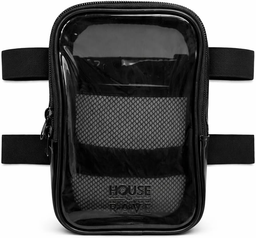Clear Thigh Bag - Carnival Leg Bag w/Mesh Pocket & Double Zipper - Rave Thigh Bag for Women - Jelly Phone Holder Bag (Black)