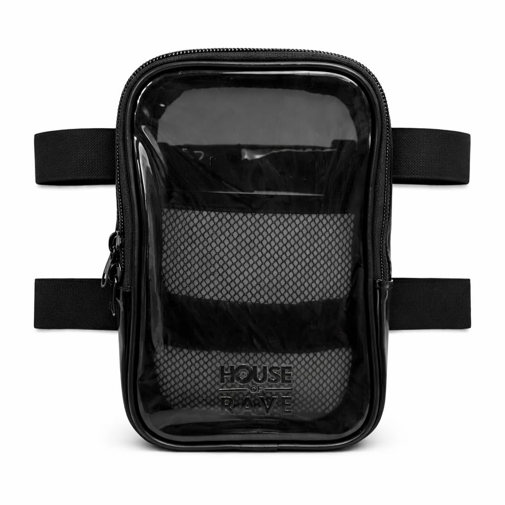 Clear Thigh Bag - Carnival Leg Bag w/Mesh Pocket & Double Zipper - Rave Thigh Bag for Women - Jelly Phone Holder Bag (Black)