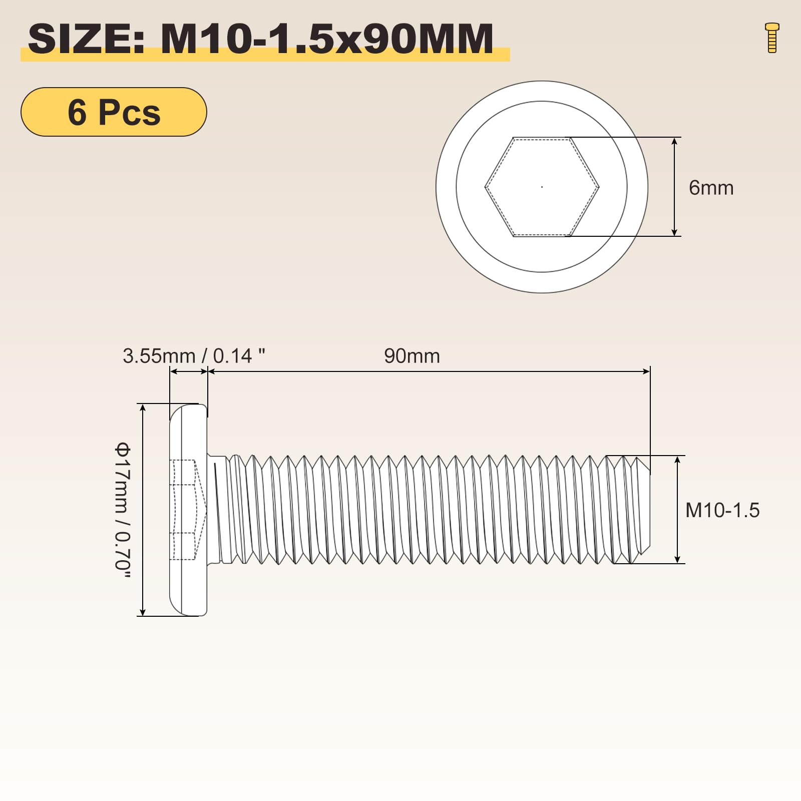 METALLIXITY Flat Head Hex Socket Cap Screws Bolts(M10-1.5x90) 6Pcs, 304 Stainless Steel Hex Socket Furniture Bolts Screws - Image 2