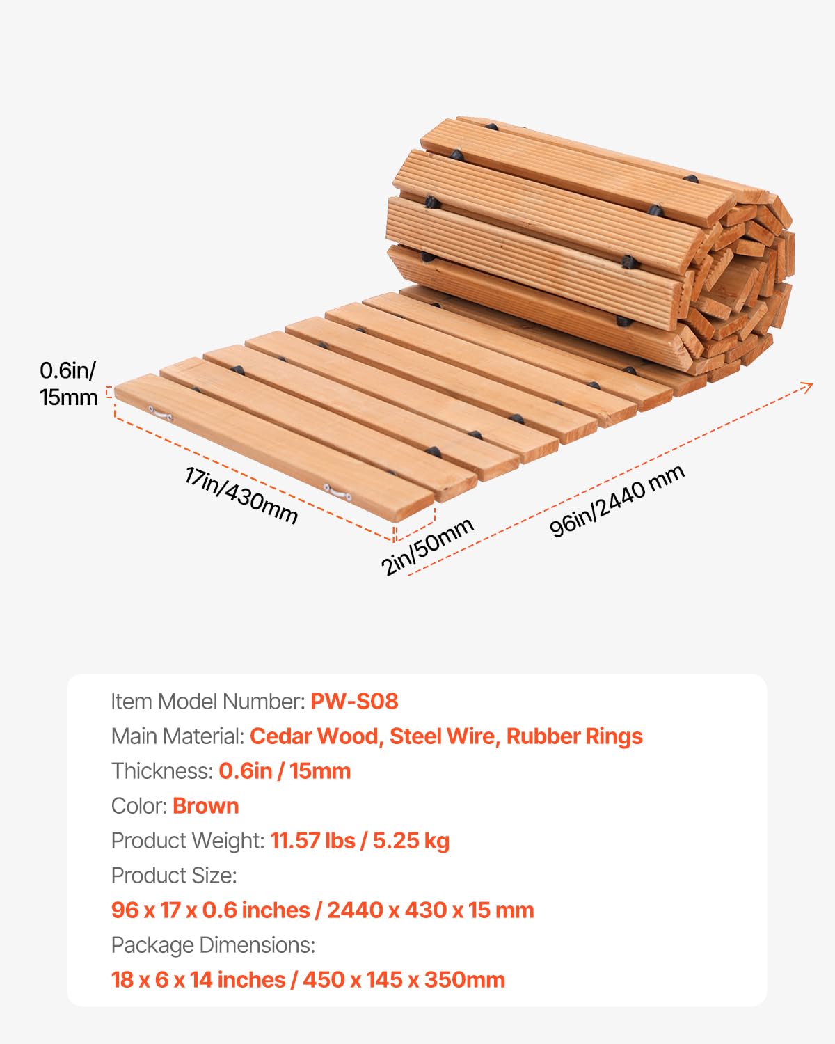 VEVOR Wooden Garden Pathway, 8 ft L x 17 in W, Non-Slip Straight Garden Walkway, Roll Out Cedar Outdoor Walkway Path with Wire Rope Connection, Decorative Garden Paver for Backyard Wedding Party
