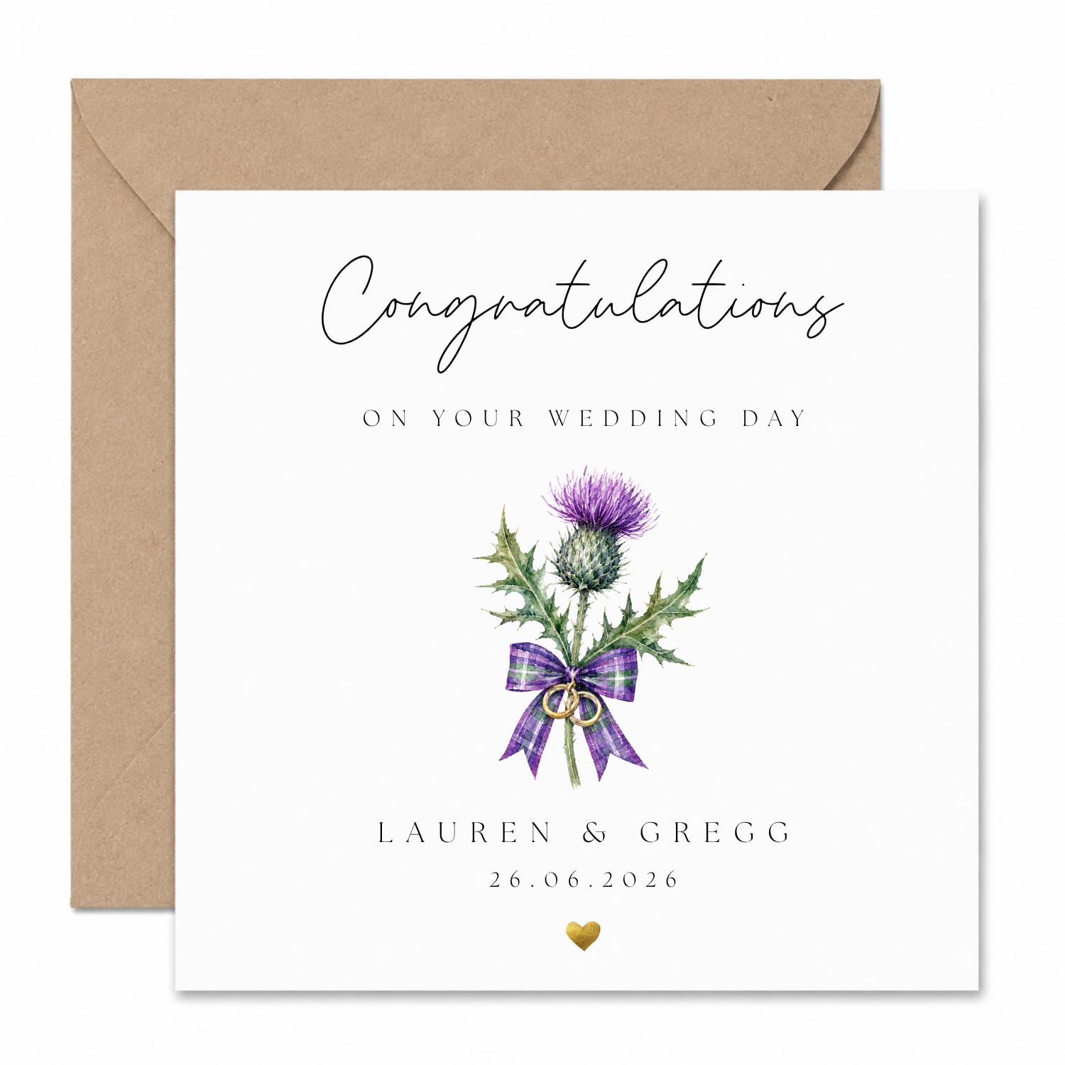 Personalised Scottish Wedding Card for Couple – Thistle & Tartan Wedding Congratulations Card – Custom Names & Wedding Date – 6 x 6 Inch – Kraft Envelope – Made in UK
