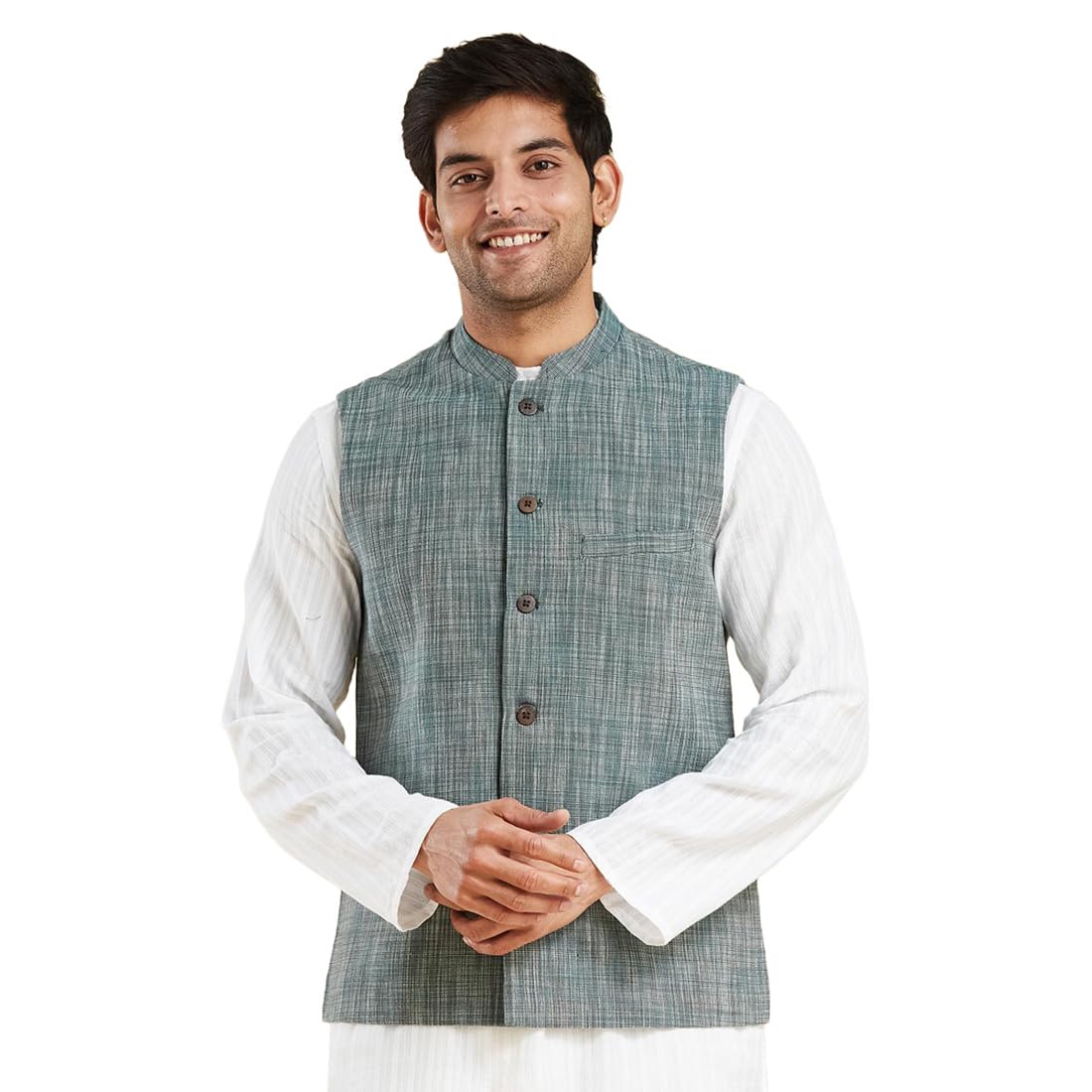 fabindia Teal Cotton Slim Fit Nehru Jacket-picture-11