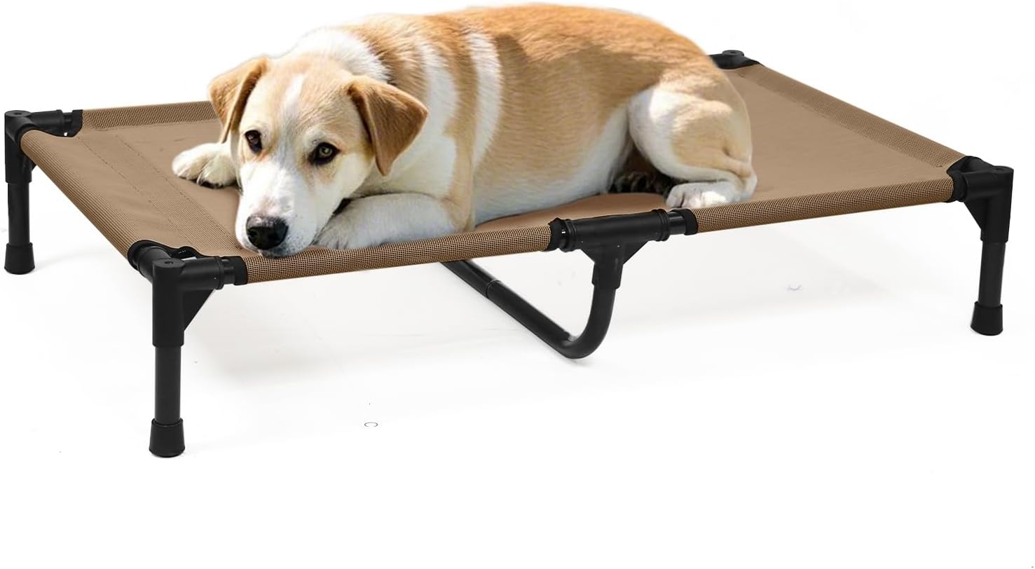 Elevated Dog Beds Medium Sized Dogs, Raised Dog Bed Outdoor, Cooling Pet Cot Bed Frame with Breathable Mesh & Non Slip Feet, Lifted Pet Hammock Bed (M, Brown) Medium (35.0"L x 22.0"W x 7.0"Th) Brown