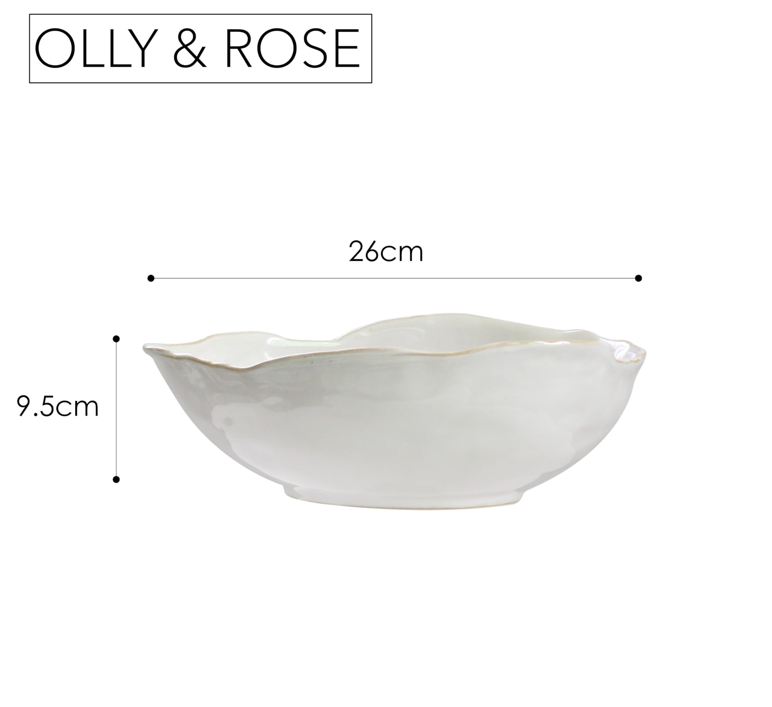 Olly & Rose Grande ciotola in gres, bianco lucido con bordo beige, diametro 26,5 cm, in ceramica per insalata, frutta, pasta e esposizione