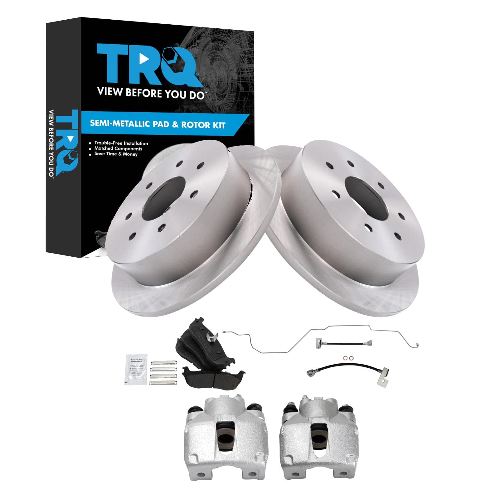 TRQ Rear Brake Pad and Rotor Set Semi Metallic Calipers Compatible with 2000-2003 Ford F-150 2004 F-150 Heritage