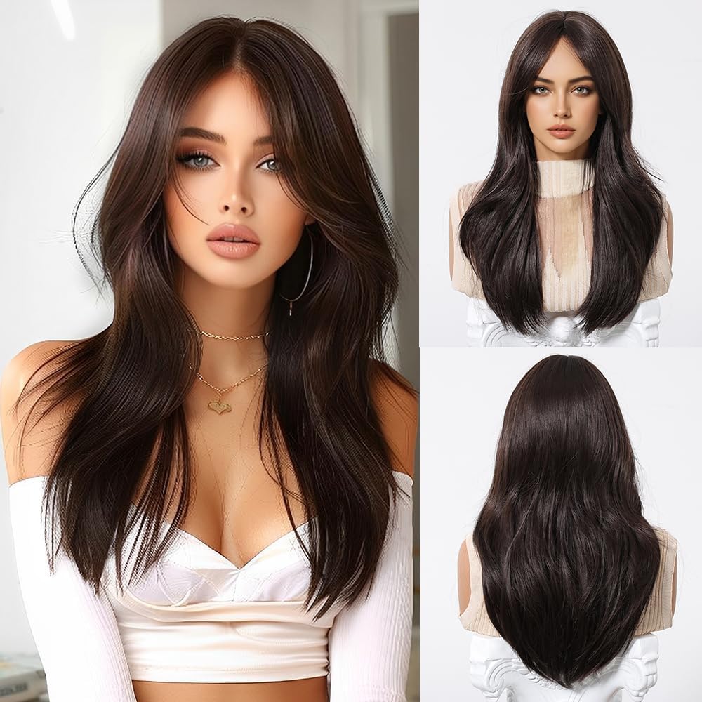 Photo 1 of Nuxovin Long Straight Human Hair Wig with Curtain Bangs - 20 Inch Brown