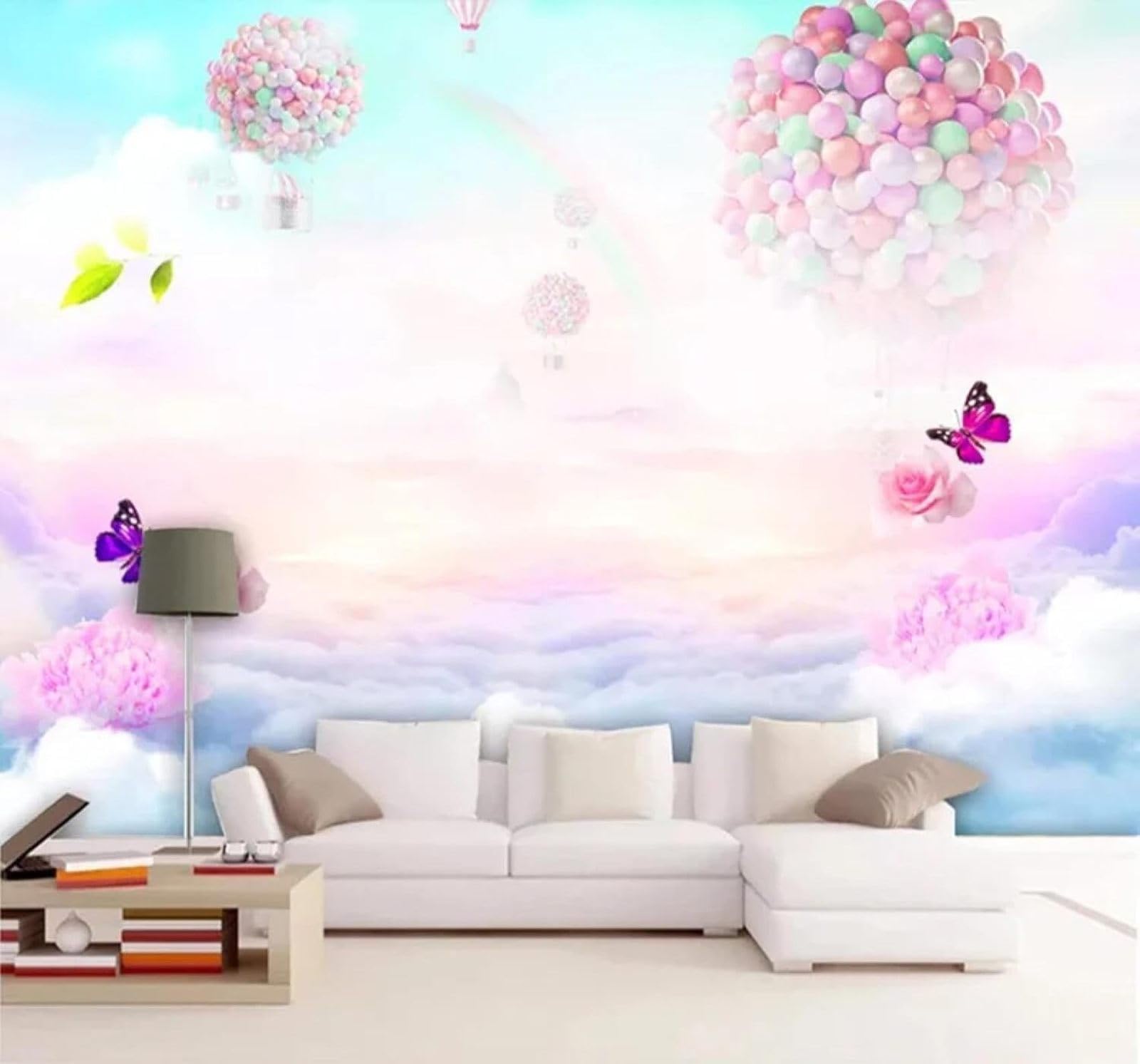 XLMING Beautiful Balloons Rainbow Sky Flowers 3D Wallpaper Silky Texture Home Study Office Grey Dining Room Sofa Bedroom Living Room TV Backdrop-400cm×280cm
