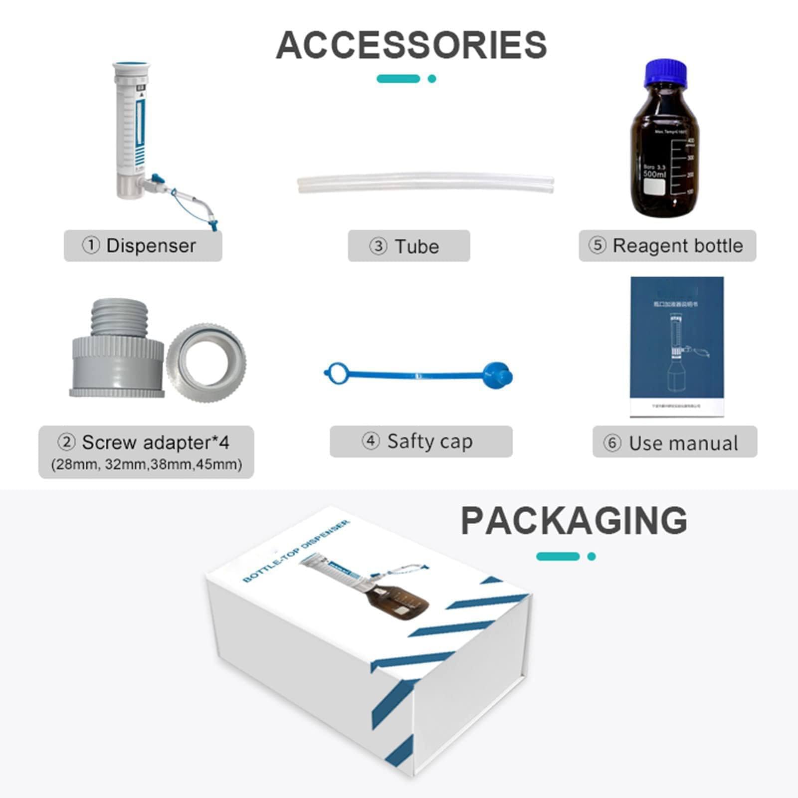 Laborflaschenspender, digitaler Topspender mit Reagenzflasche & Adaptern, Doppelventil, einstellbare Dosierung, Skalenanzeige für Laborforschung, 0,4-60 ml