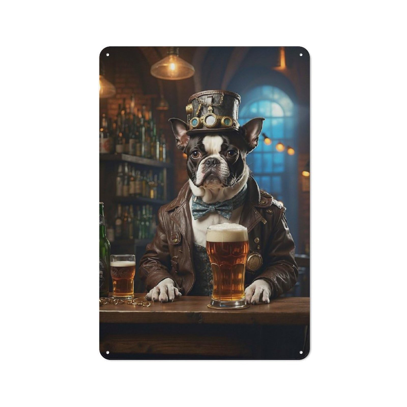 Junmoney Boston Terrier Beer Dog Tin Wall Plaque 30X20cm With For Living Room Or Hallway, For Garage, Workshop And Man Cave Decoration