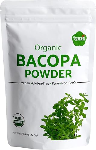 Polvo de bacopa orgánico (hoja de Brahmi), superalimento ayurveda orgánico certificado, tónico para el cabello y el cerebro, bolsa resellable de 8 disponible en Yaxa Colombia