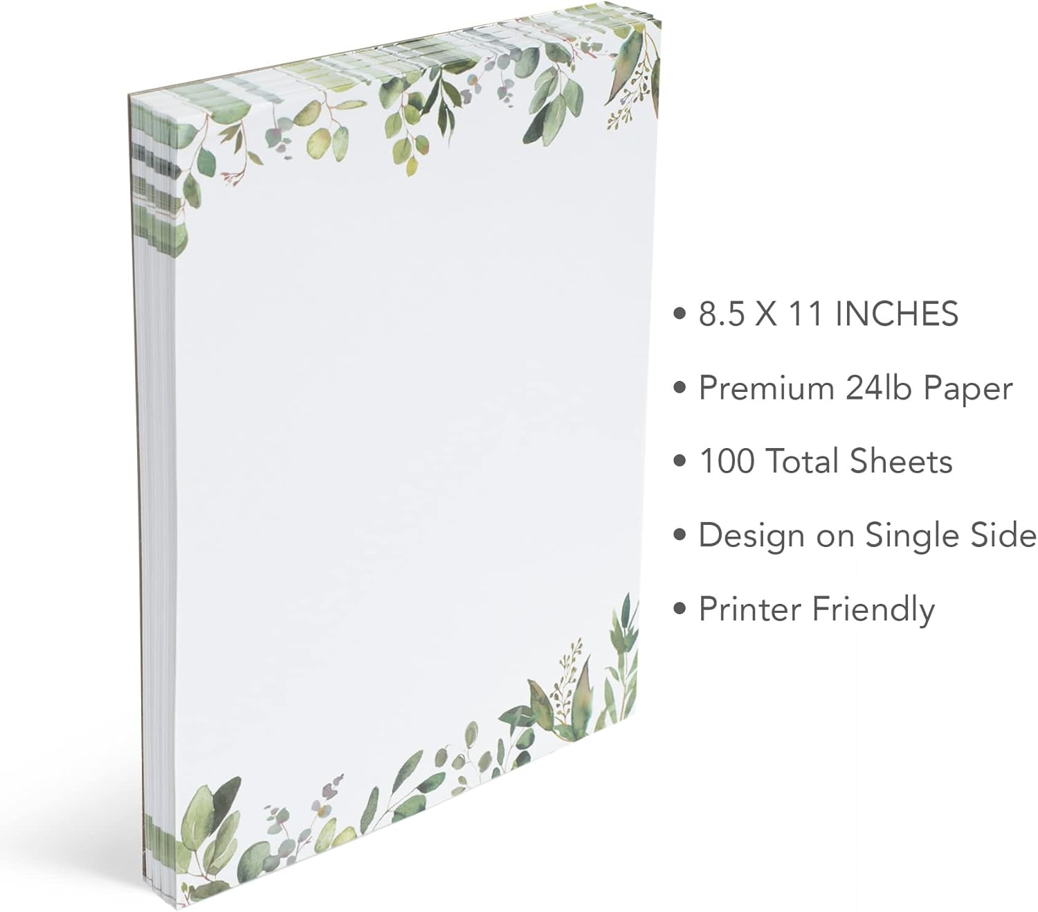 Leaf Border Stationery Writing Paper 100 Sheets, Greenery Letterhead Paper 8.5 x 11 Inches, Elegant Writing Paper, Pretty Stationary Paper, Decorative Printer Paper : Everything Else