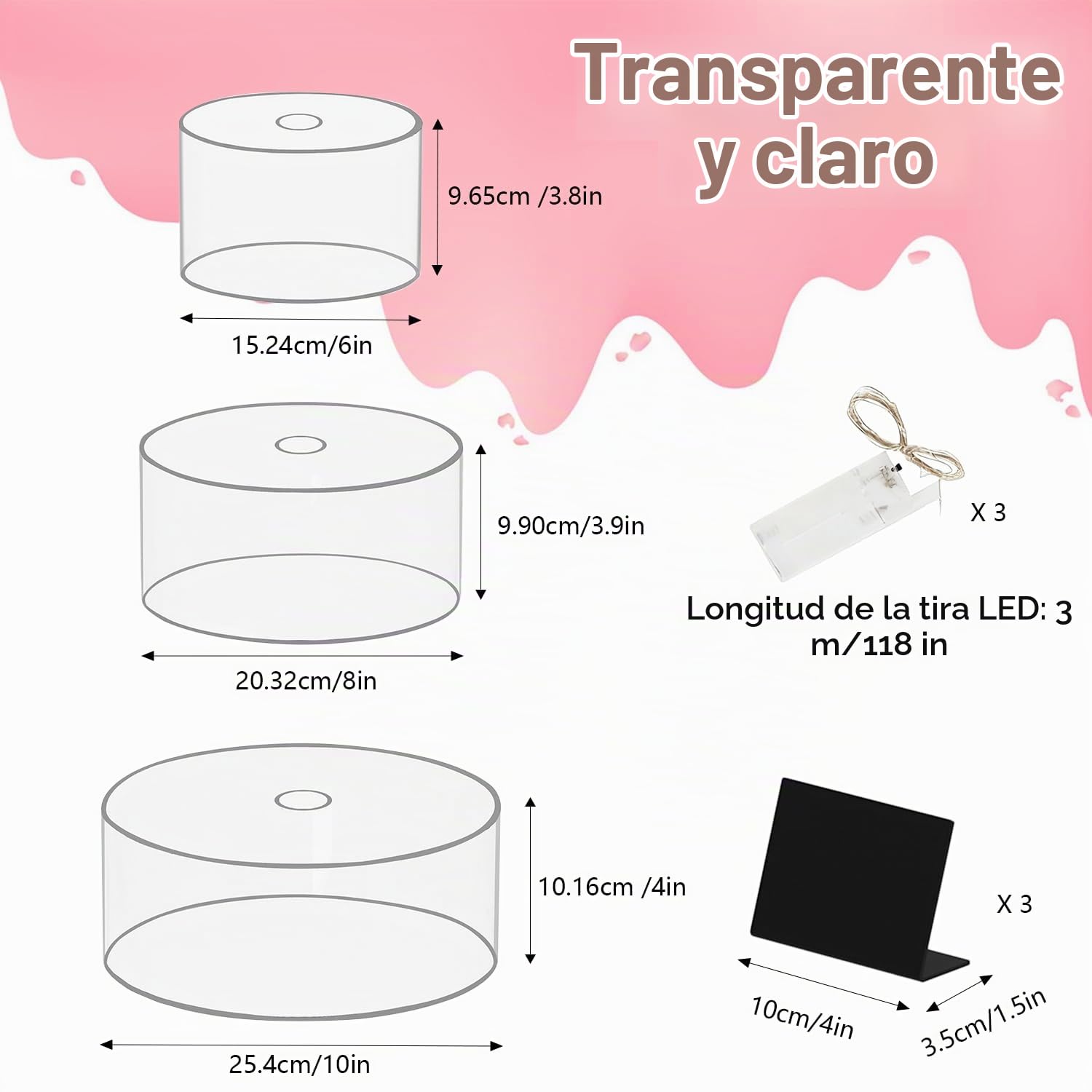Soporte para tartas rellenable de 3 niveles, soporte acrílico para tartas, exhibición de cilindro, con luces LED, decorativo transparente, soporte para postres para cumpleaños, bodas y celebraciones
