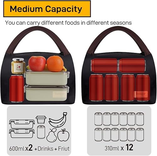Miniatura 3 de Buringer Bolsa de almuerzo reutilizable con aislamiento térmico para preparación de comidas para hombres y mujeres, trabajo, picnic o viajes (negro)