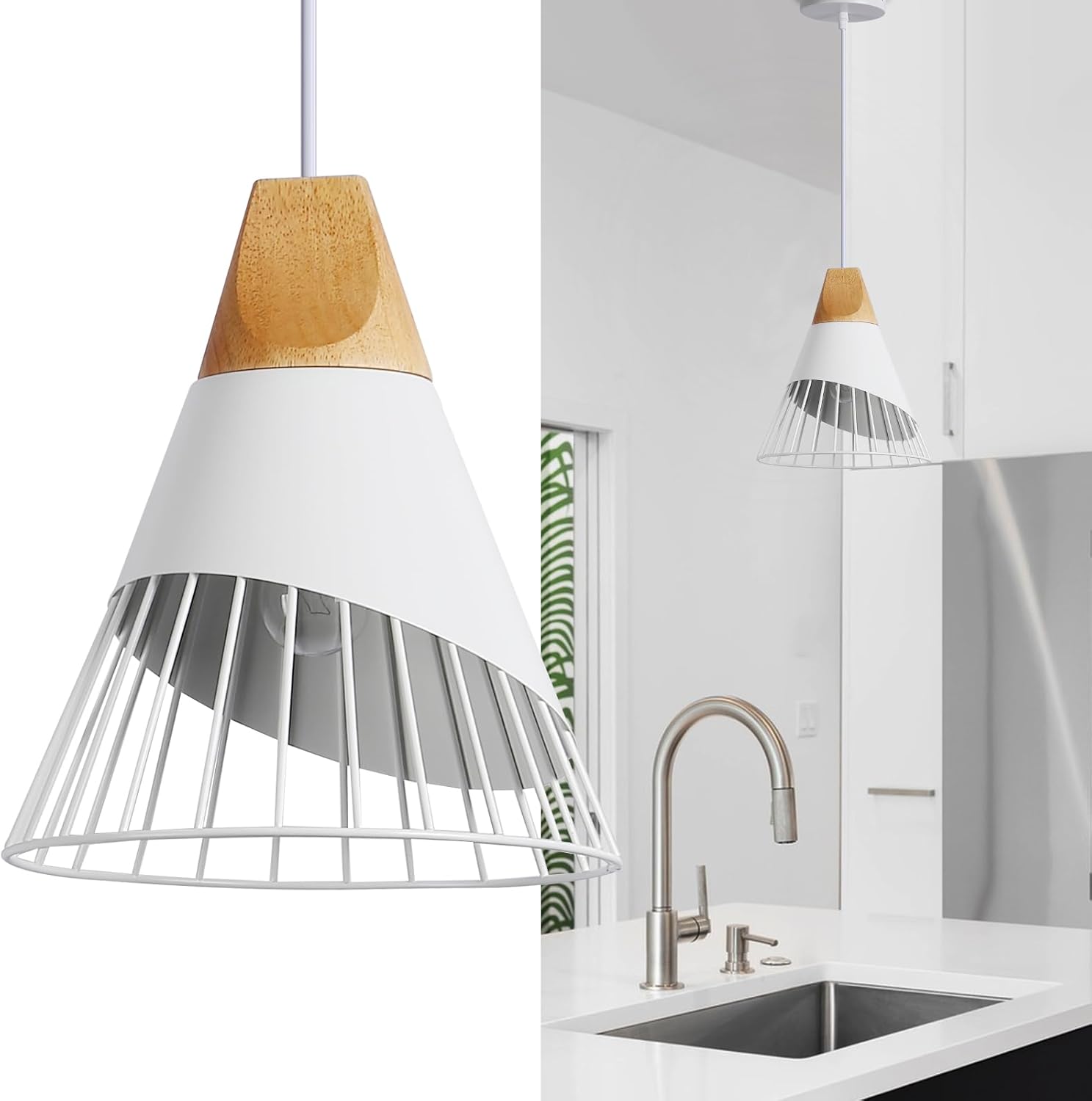 Modern Kitchen Pendant Light Fixtures,Wood Metal Shade Ceiling Hanging Light Fixtures, Farmhouse Pendant Light for Bedroom, Kitchen, Dining Room, Living Room, Entryway,White.