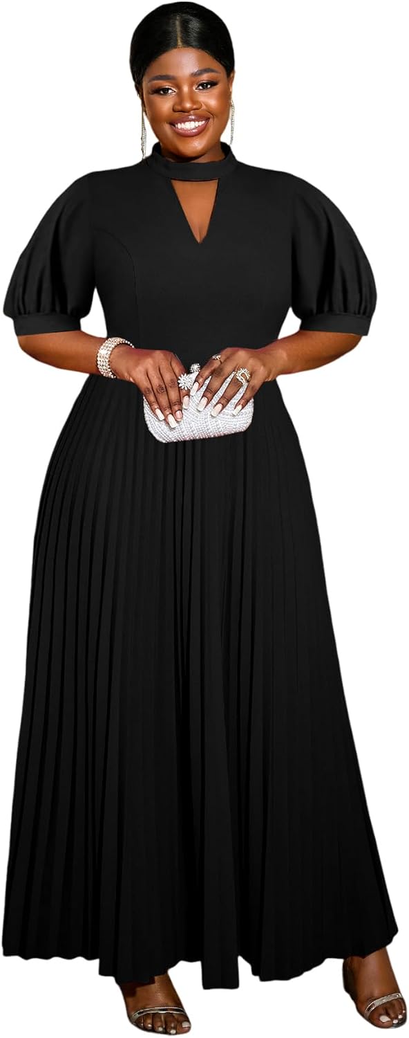 AOMEI Women's Cutout Long Pleated Church Dress Puff Sleeve Stand Collar Casual Dresses for Women Classy