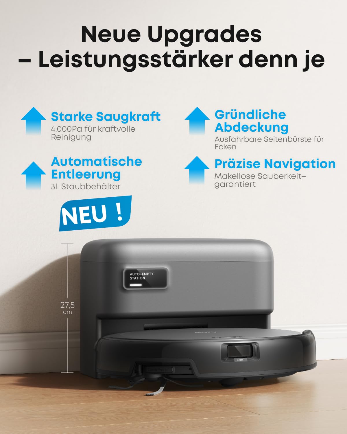 eufy C10 Saugroboter mit Automatischer Absaugstation, 7,2cm Ultraflaches Design, Teppichreinigung, Ausfahrbare Seitenbürste für Ecken, Automatische Entleerung, Punktlaser- & Infrarot-Navigation
