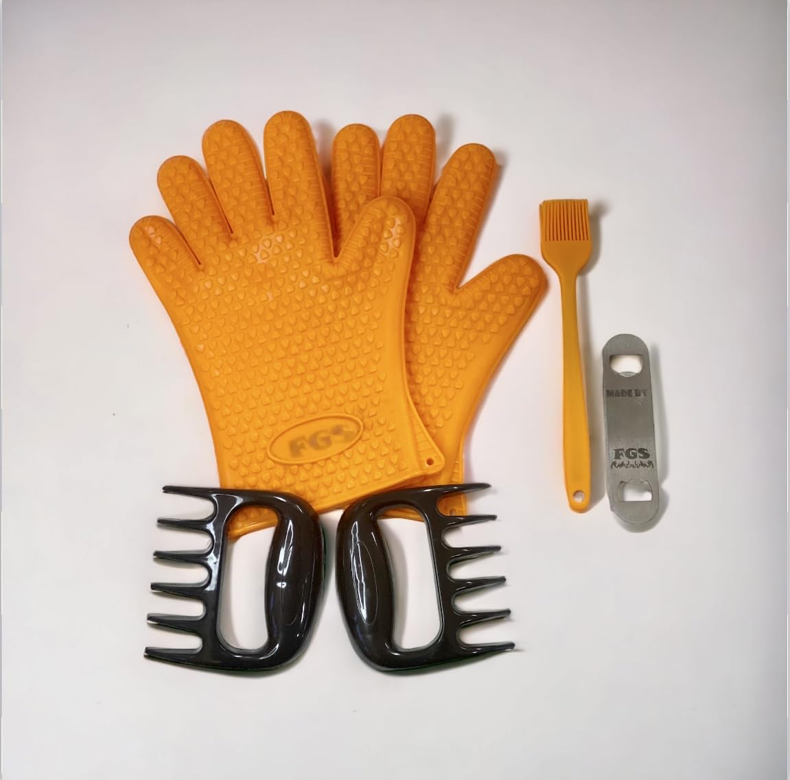 FGS Orange Silicon BBQ Gloves/Mitts with Extreme Heat Resistance + Meat Shredder Claws + Silicone Basting Brush and Stainless Steel Bottle Opener