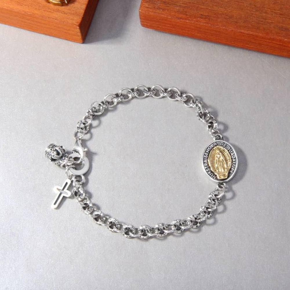 Bracciale S925 in Argento Sterling con Croce Iris e Corona Mary, Bracciale per Uomo e Donna, Gioielli Personalizzati con Carta di Moda
