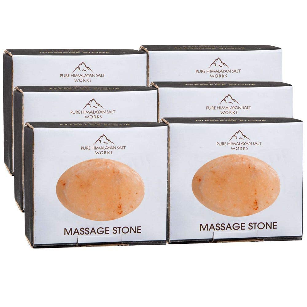 Pure Himalayan Salt Works Piedra de masaje ovalada plana, piedra tallada a mano de cristal rosa para terapia de masaje, desodorante y exfoliantes de sal y azúcar (paquete de 6)
